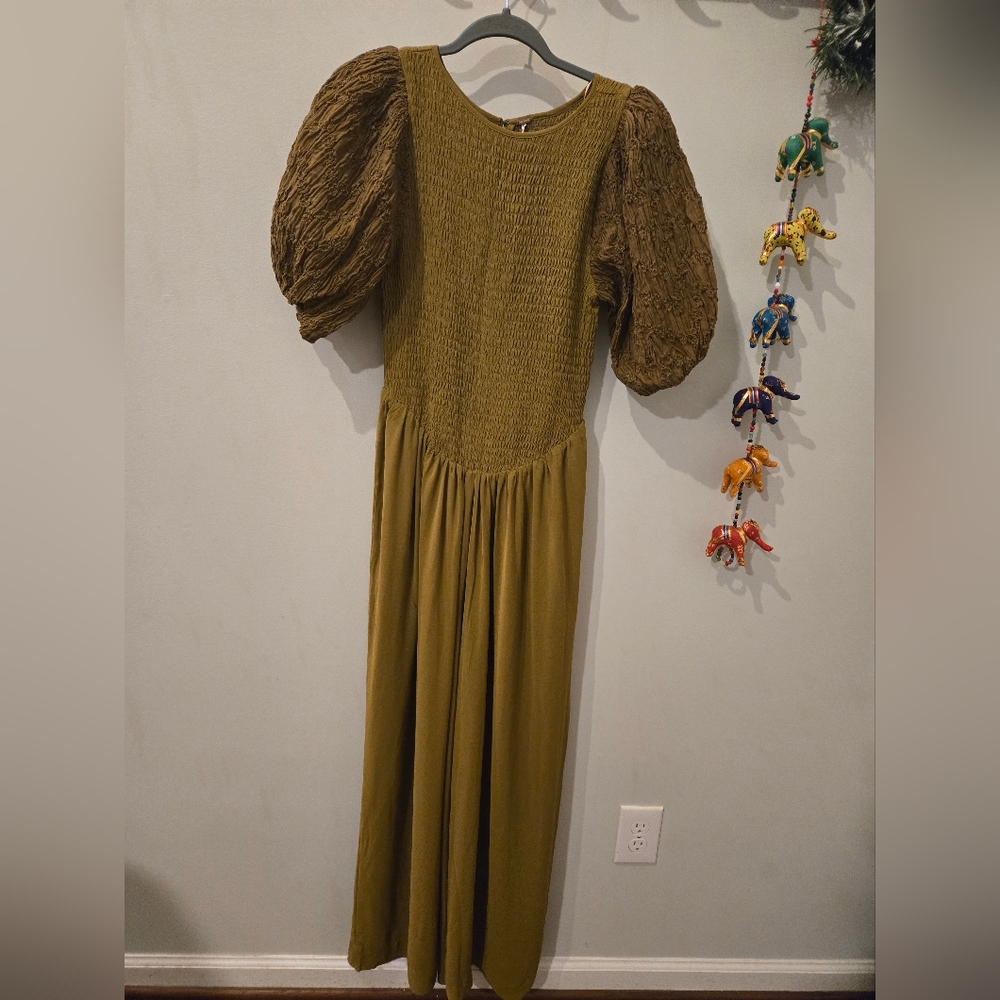 Free People Olive Green Puff Sleeve Dress
